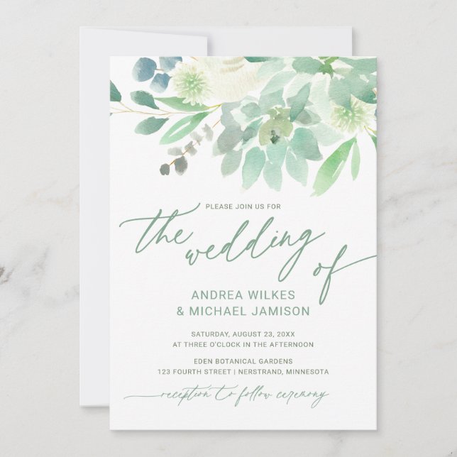 Invitation Mariage Inviter Cactus Succulent Aquarelle Vert (Devant)