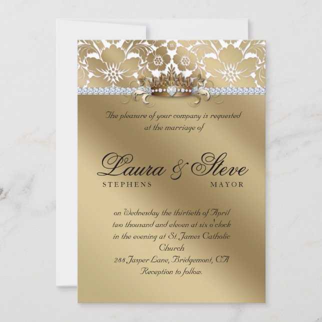 Invitation Mariage Inviter Damask Floral Gold Crown (Devant)
