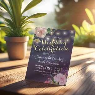 Invitation Mariage Inviter Floral Chaîne Lumières Violet Étin