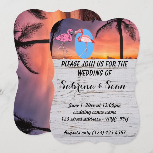 Invitation Mariage Inviter Plage Flamant rose Palm Romantique (Devant / Derrière)