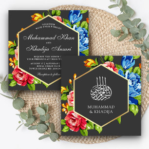 Invitation Mariage Islamique Floral Vibrant Faux Or Géométriq