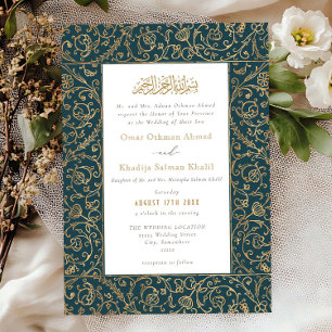Invitation Mariage islamique Floral Vintage Or & Bleu Nil