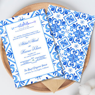 Invitation Mariage Islamique Motif Marocain Bleu et Blanc