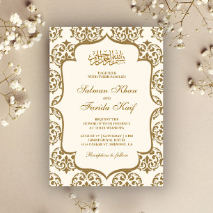 Invitation Mariage islamique musulman en cramoisi et or damas