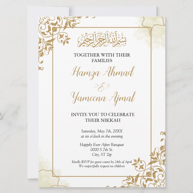 Invitation Mariage islamique musulman moderne d'or Nikkah (Devant)