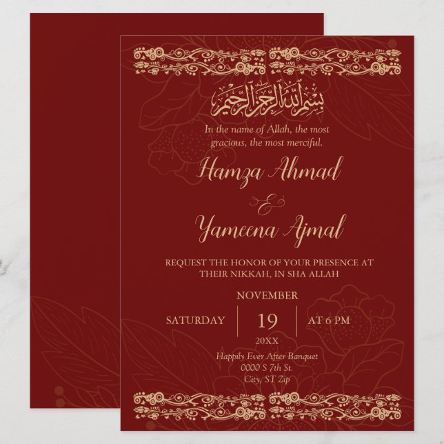 Invitation Mariage islamique musulman moderne rouge et or Nik (Devant / Derrière)