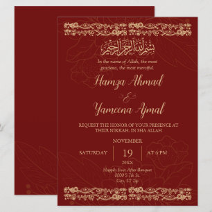 Invitation Mariage islamique musulman moderne rouge et or Nik