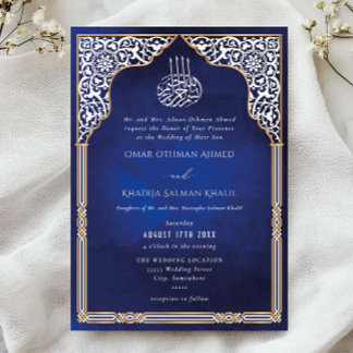 Invitation Mariage Islamique Orné à l'Arche Dorée et Bleue Ar