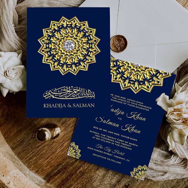 Invitation Mariage islamique traditionnel Blue Gold Motif (Créateur téléchargé)