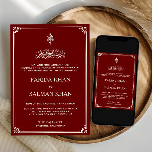 Invitation Mariage islamique traditionnel rouge et crème bord