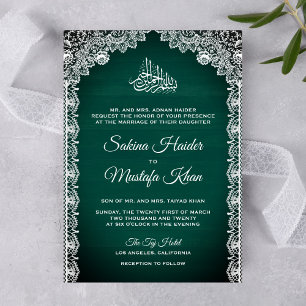 Invitation Mariage Islamique Vert Sarcelle Dentelle Rustique