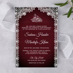 Invitation Mariage islamique vintage rustique bordeaux en den