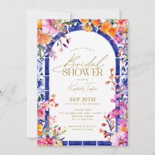 Invitation Mariage Italien Carreaux Bleus Fleurs Vives