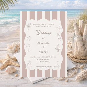 Invitation Mariage ivoire taupe plage côtière dessiné à la ma