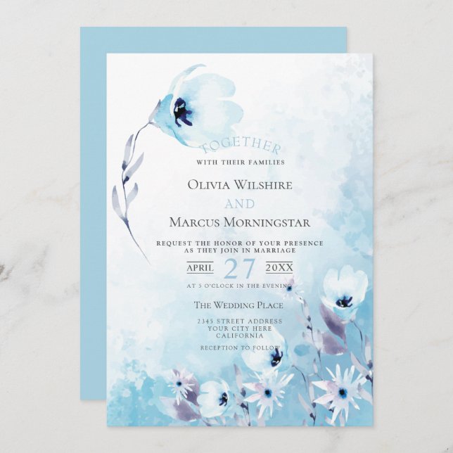 Invitation Mariage | Jardin d'anémone bleu pâle (Devant / Derrière)