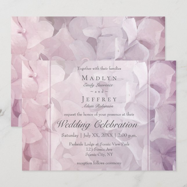 Invitation Mariage Jardin rose vif et violet Hydrangea (Devant / Derrière)