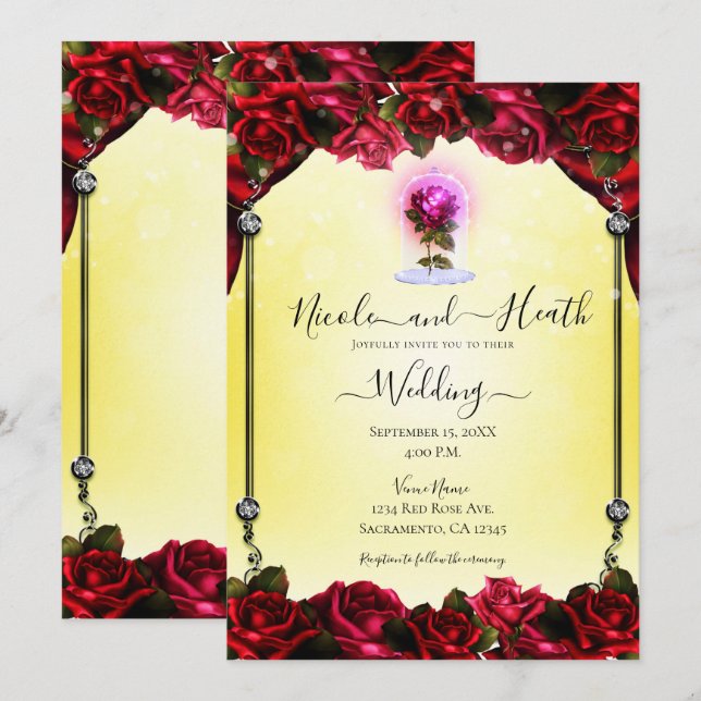 Invitation Mariage Jaune argenté rouge brillant (Devant / Derrière)