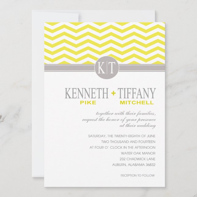 Invitation Mariage jaune Monogramme Mitchell Chevron (Devant)
