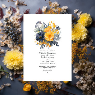 Invitation Mariage Jaune Souci, Bleu Marine et Gris Ardoise