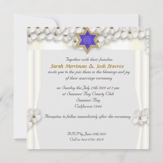 Invitation mariage juif à la toiture de fleurs blanches (Devant)