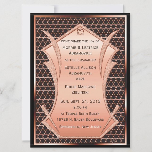 Invitation Mariage juif Art Déco Cœur et Âme en cuivre (Devant)