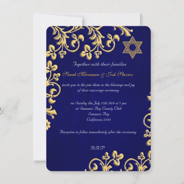 Invitation mariage juif de Brocade bleu et or (Devant)
