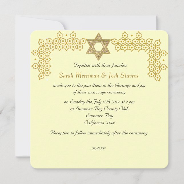 Invitation Mariage juif de chuppah d'étoile de David (Devant)