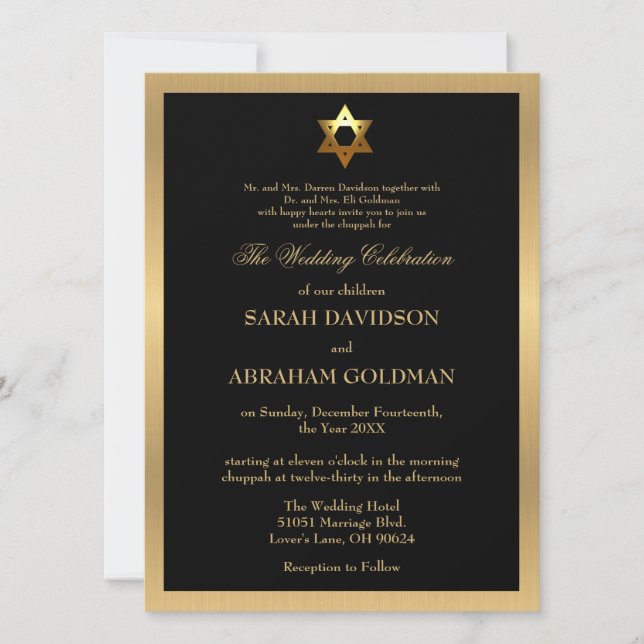 Invitation Mariage juif traditionnel formel noir et or (Devant)