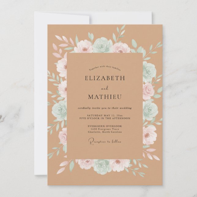 Invitation Mariage Kraft Celadon Pivoine (Devant)
