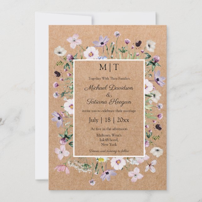 Invitation mariage kraft fleur sauvage élégant (Devant)