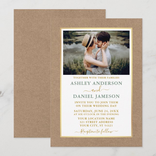 Invitation Mariage Kraft Vert Sage moderne (Devant / Derrière)