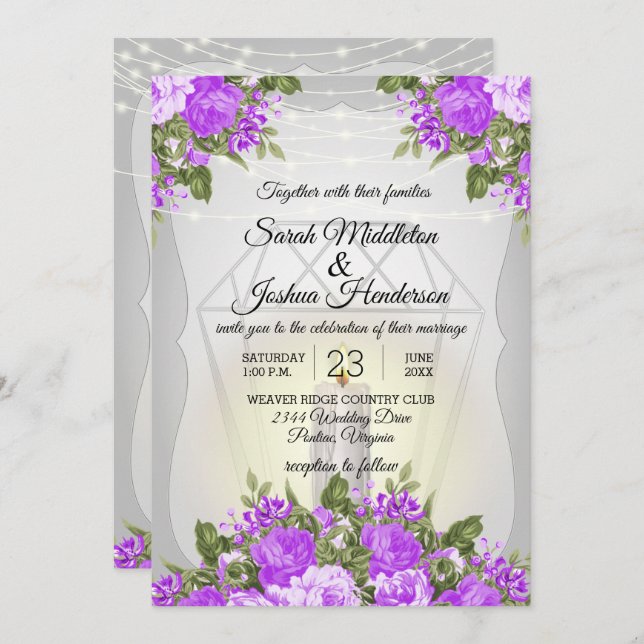 Invitation Mariage Lanterne d'Argent et Fleurs Violettes (Devant / Derrière)