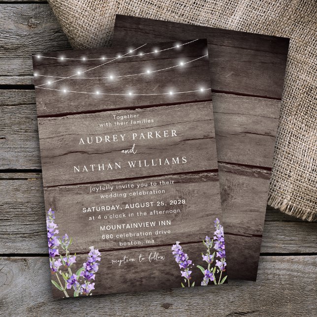 Invitation Mariage Lavande à cordes de bois rustique (Créateur téléchargé)