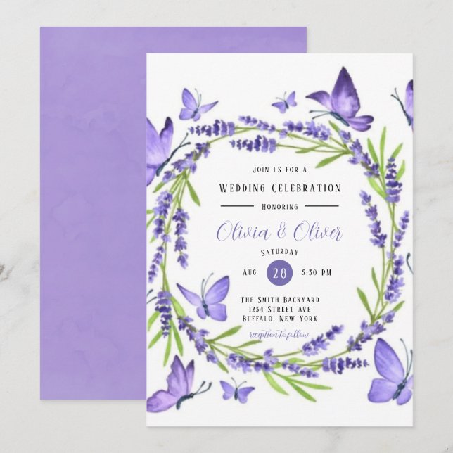 Invitation Mariage Lavande Wisteria Et Papillons (Devant / Derrière)