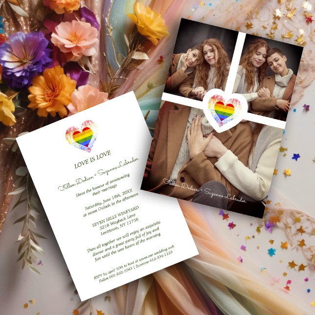 Invitation Mariage Lesbien Gay Coeur Arc-en-ciel Fierté 3 Pho (Pride Rainbow Heart Lesbian Gay Wedding 3 Photos Invitation Card.)