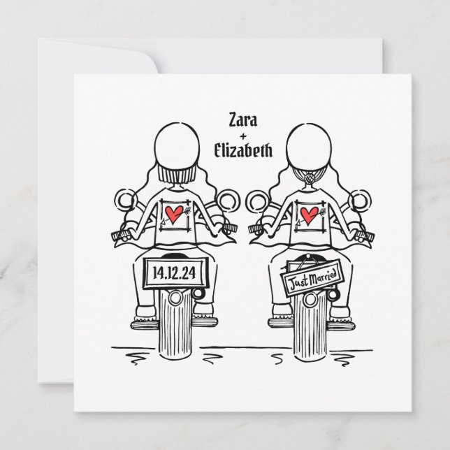 Invitation Mariage lesbienne de moto de deux mariées sur mesu (Devant)