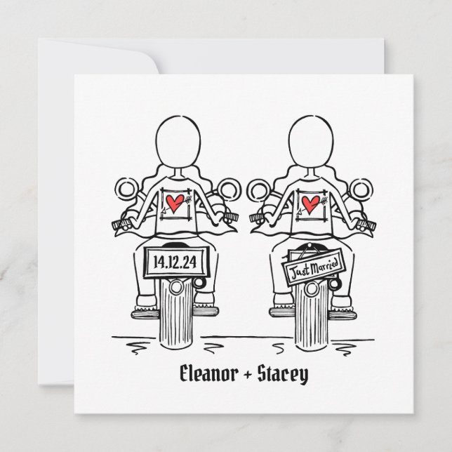 Invitation Mariage lesbienne de moto de deux mariées sur mesu (Devant)