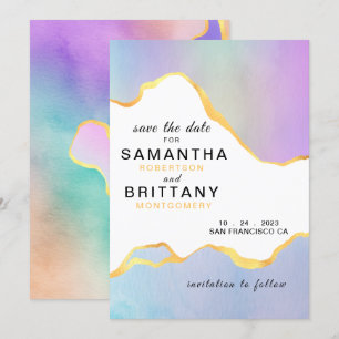 Invitation Mariage LGBT Arc-en-ciel Aquarelle Or Save the Dat