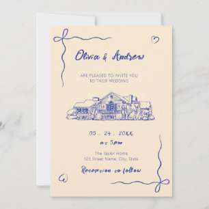 Invitation Mariage Lieu Esquisse Dessinée à la Main Bleue
