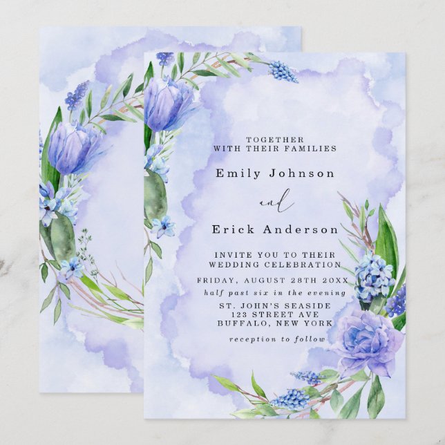 Invitation Mariage Lilac Dusty Blue Tulip Peony Hyacinth (Devant / Derrière)