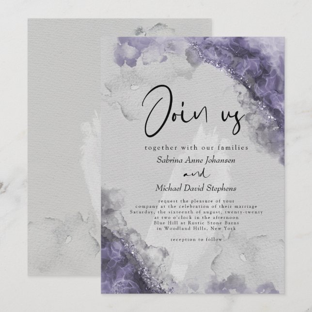 Invitation MARIAGE | Lilac Wisteria Encre Abstraite d'alcool (Devant / Derrière)
