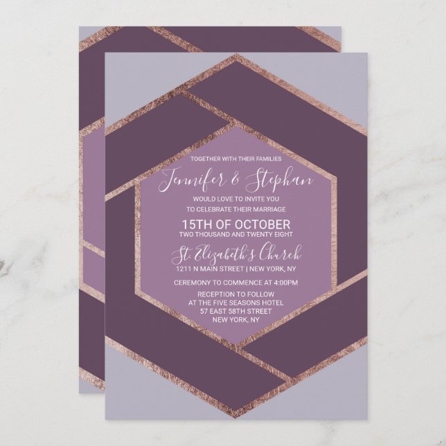 Invitation Mariage lilas violet d'hexagone d'or de rose de (Devant / Derrière)