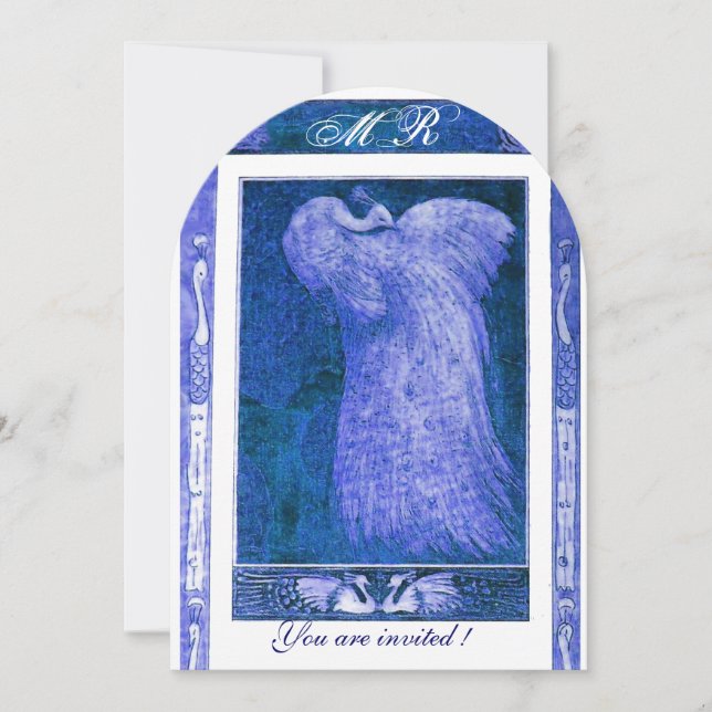 Invitation MARIAGE LOVE PEACOCK MONOGRAM Bleu Blanc (Devant)