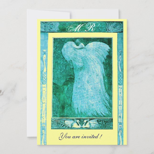 Invitation MARIAGE LOVE PEACOCK MONOGRAM, bleu blanc jaune (Devant)