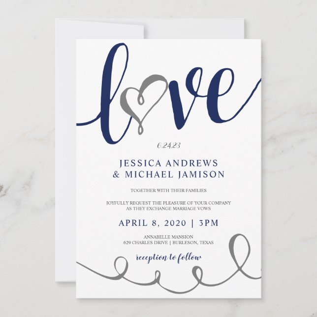 Invitation Mariage Love Script Marine Blue & Grey Heart (Devant)