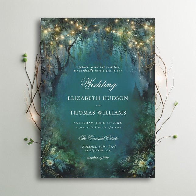 Invitation Mariage Lumière Or Fée Enchanted Forest Greenery (enchanted forest woodland wedding invitation emerald green gold magical bespoke romantic)