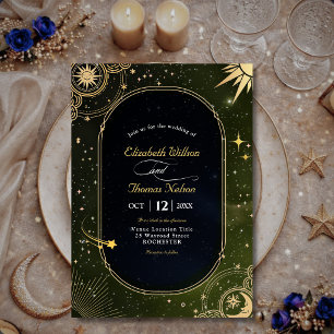 Invitation Mariage Lune Étoiles Soleil Vert Olive Céleste