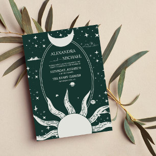 Invitation Mariage Lune Soleil Argent et Vert Mystique