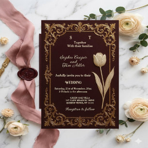 Invitation Mariage Luxe Bourgogne Or Baroque Tulipe Ivoire