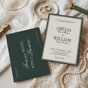 Invitation Mariage Luxe Classique Vert Crème Ancien Argent